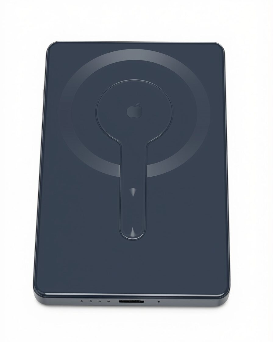 Sultão magnetic power bank — wireless charging face with magnetic alignment ring and fold-out stand, USB-C port on the edge